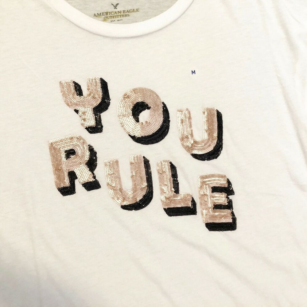 American Eagle Outfitters Womens Top Medium Embellished Sequins Graphic Tee - Picture 3 of 6